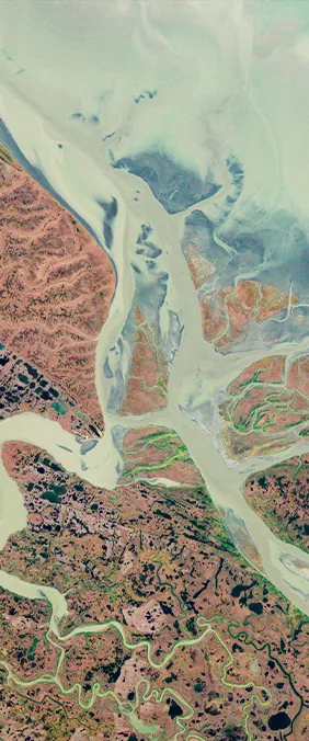 The Yukon Delta in Alaska, shaped like the letter A, seen from a Landsat satellite